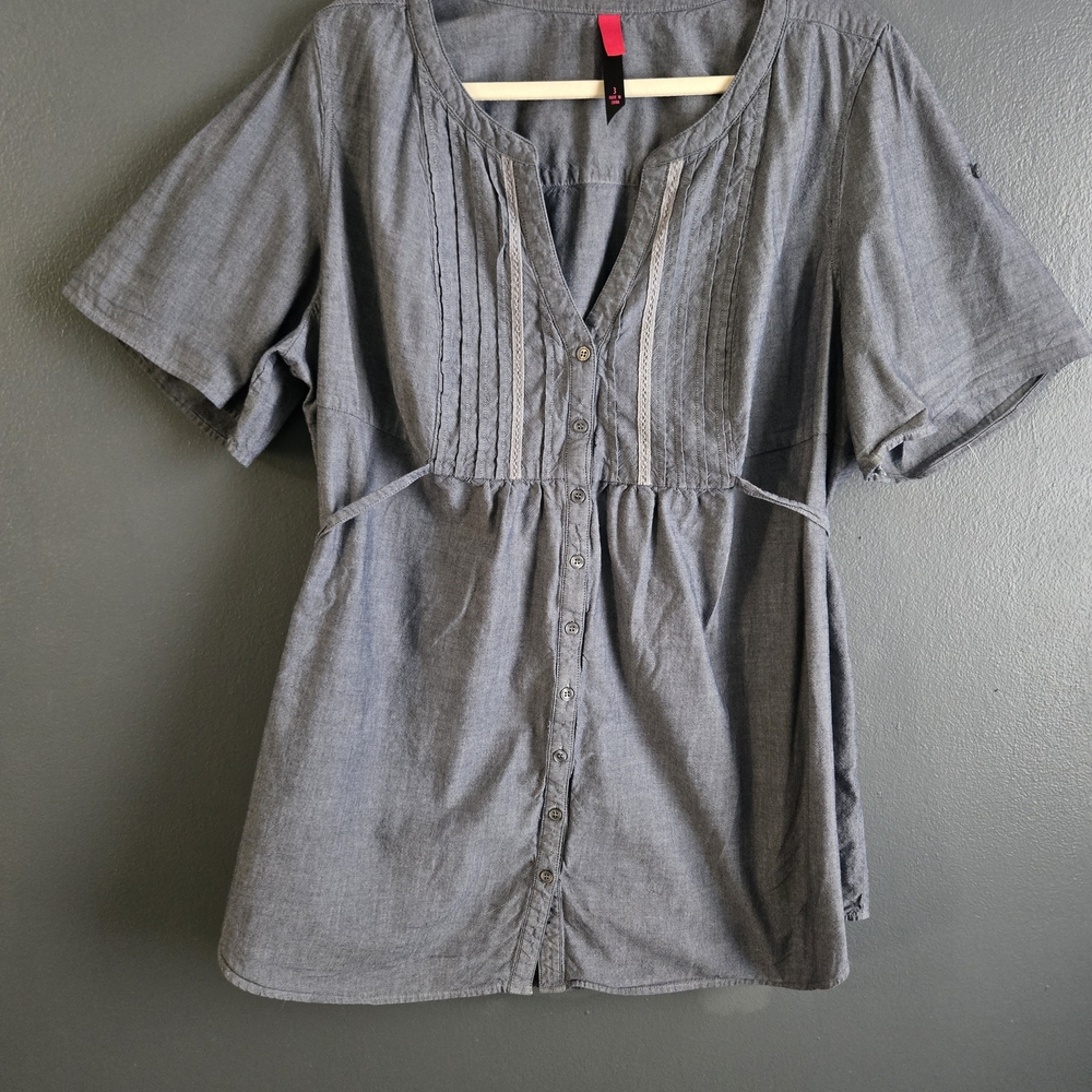Pure Energy Peasant Blue Button-Front 3X Pintuck Roll Tab Sleeve Blouse Y2K